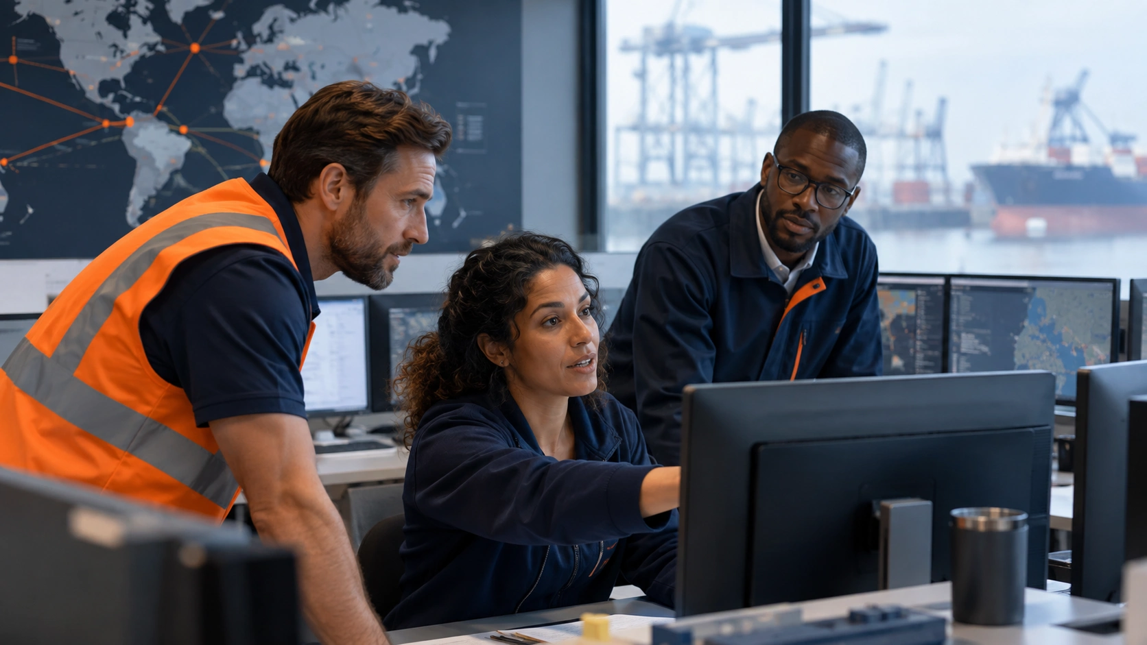 Operations team reviewing shipments on screens in a port office