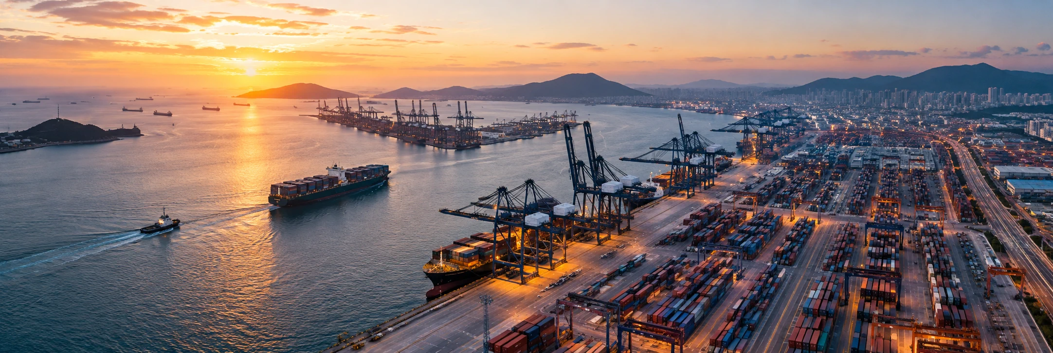Container terminal and vessels in a harbour at sunset