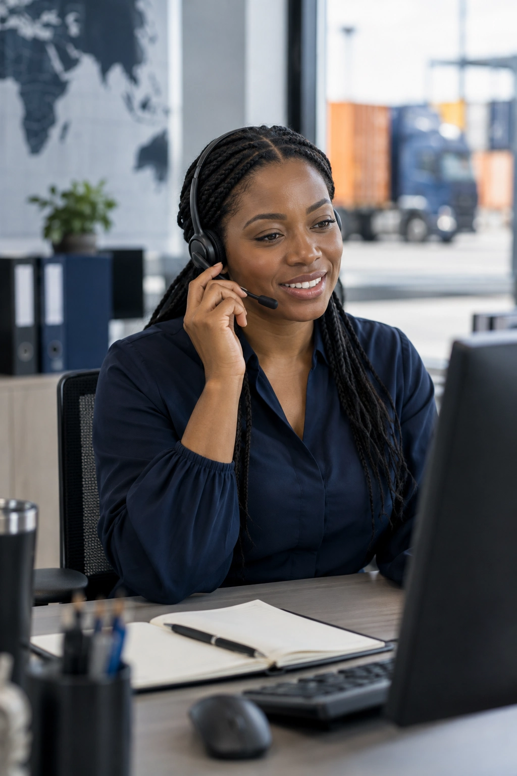 A coordinator on a headset at her desk